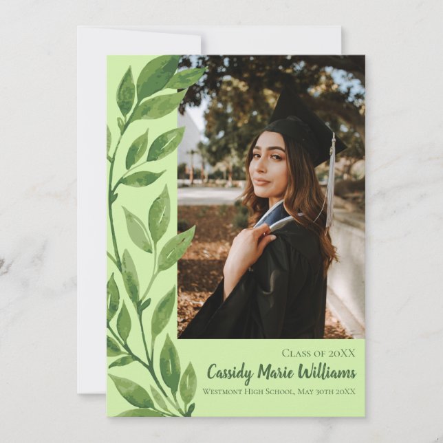 Invitación de graduación de planta verde marfil de (Anverso)