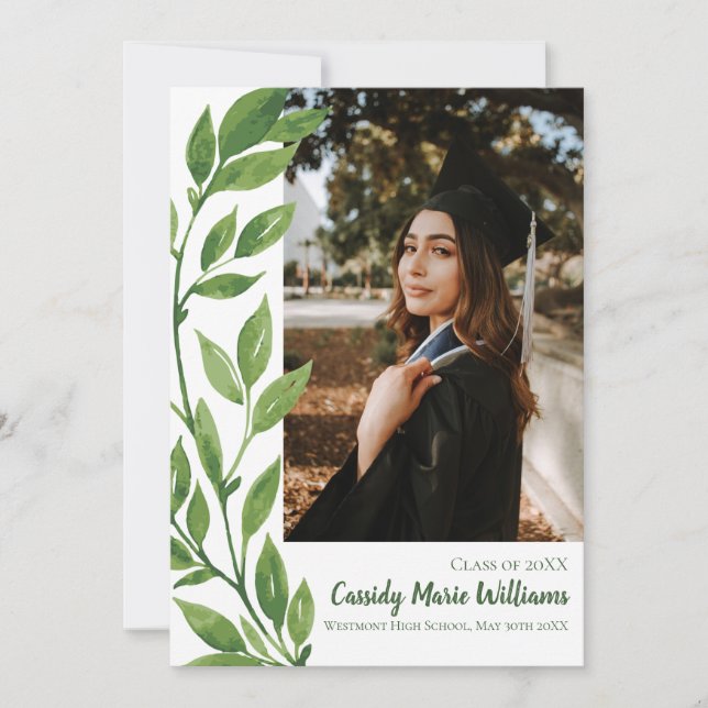 Invitación de graduación de planta verde marfil de (Anverso)
