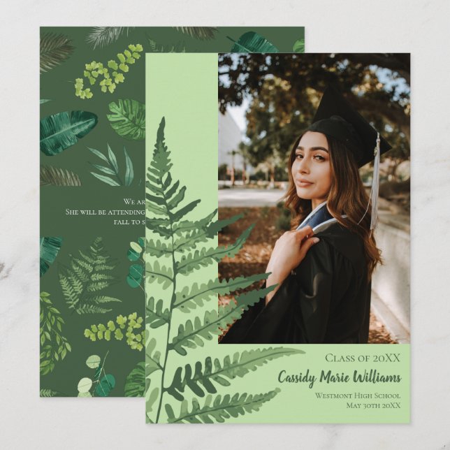 Invitación de graduación de plantas elegantes de F (Anverso / Reverso)