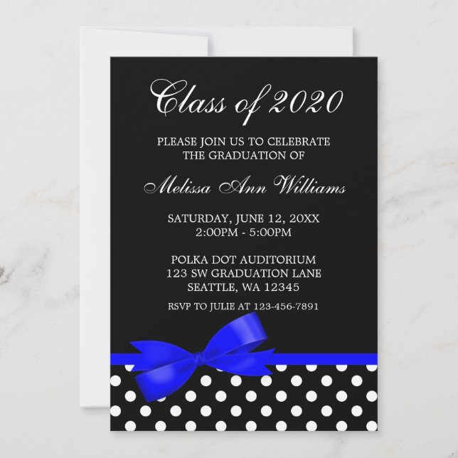 Invitación de graduación de polka azul real (Anverso)