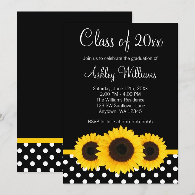Invitación de graduación de puntos de polka negro  (Anverso / Reverso)