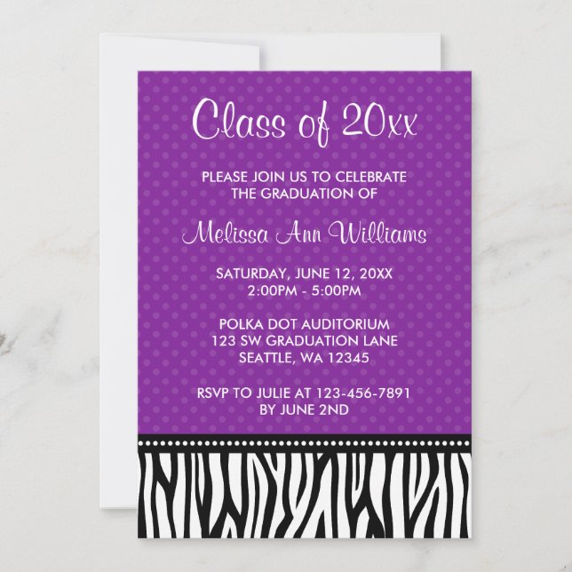 Invitación de graduación de púrpura cebra polka (Anverso)