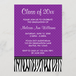 Invitación de graduación de púrpura cebra polka