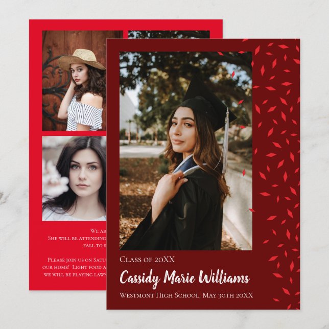 Invitación de graduación de Red Maroon Confetti (Anverso / Reverso)