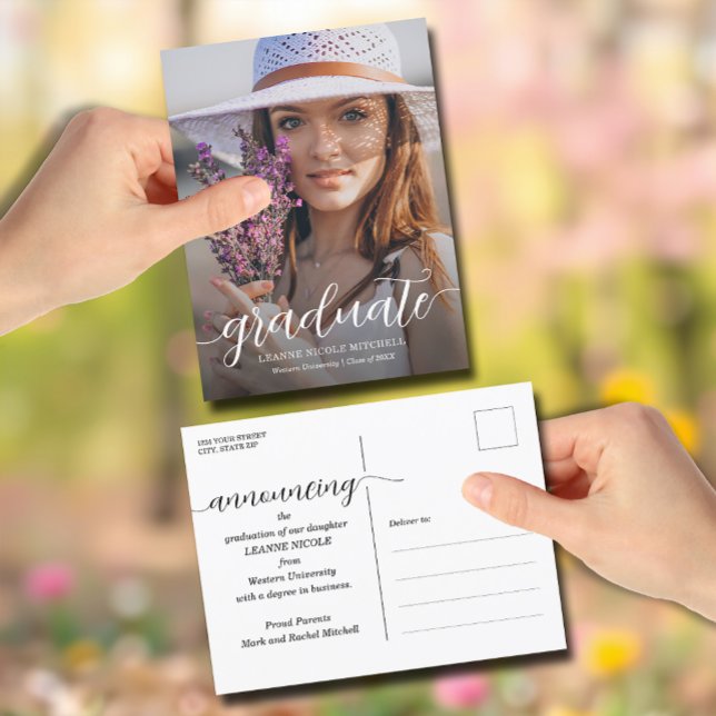 Invitación de graduación de script (Graduate script photo postcard graduation announcements)