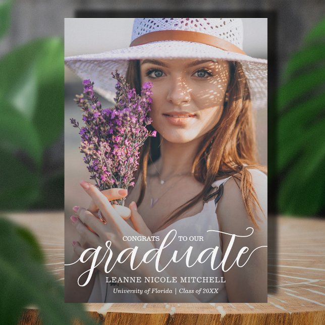 Invitación de graduación de superposición de guión (Elegant white script on photo graduation announcements,  PRINTED and/or INSTANT DOWNLOAD)