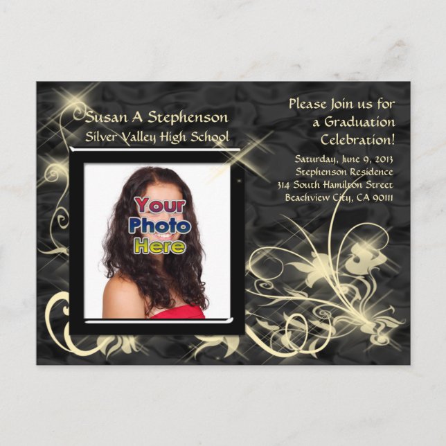 Invitación de graduación de Swirl Black Sparkle (Anverso)