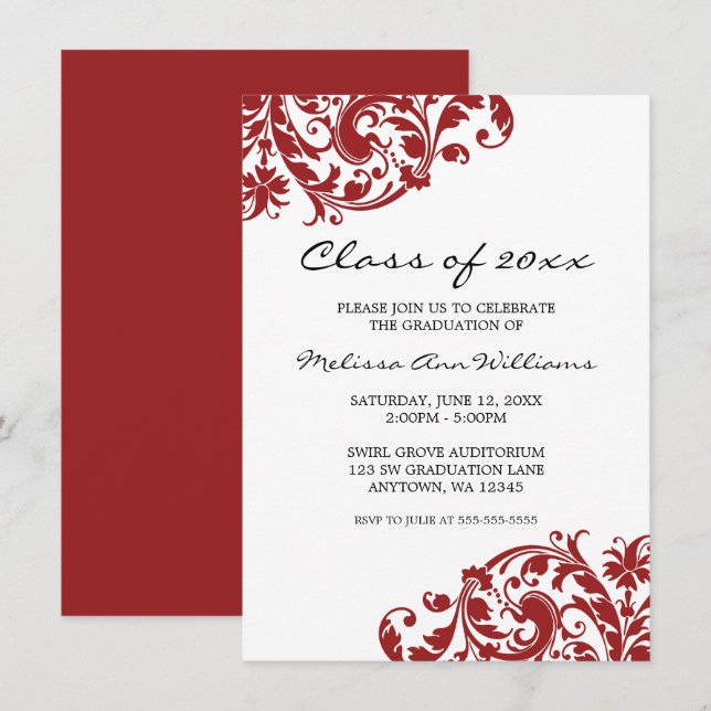 Invitación de Graduación de Swirl Rojo y Negro (Anverso / Reverso)