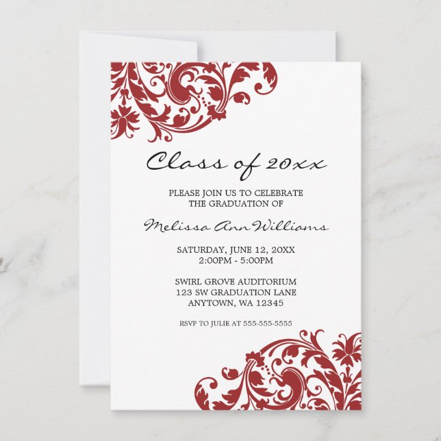 Invitación de Graduación de Swirl Rojo y Negro (Anverso)