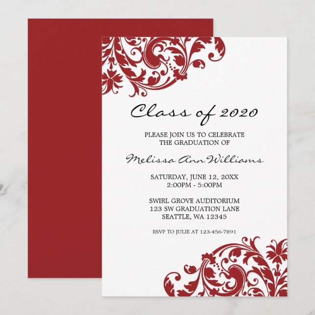 Invitación de graduación de Swirl Rojo y Negro (Anverso / Reverso)