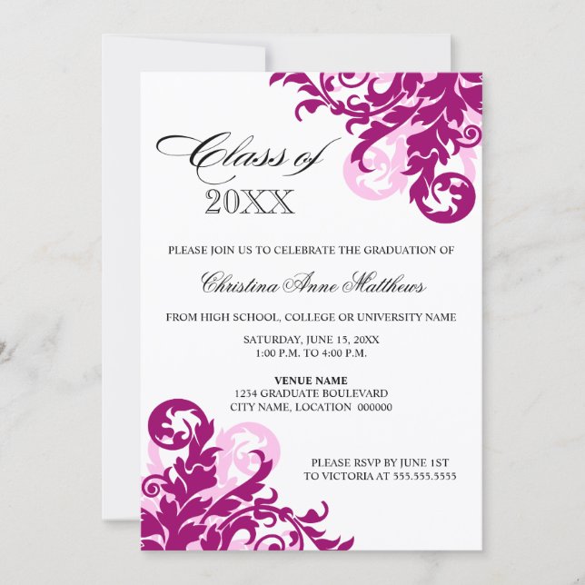 Invitación de graduación de Swirl Rosa Magenta (Anverso)