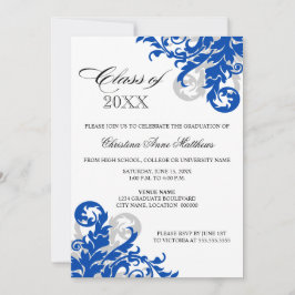 Invitación de graduación de Swirl Royal Blue Silve