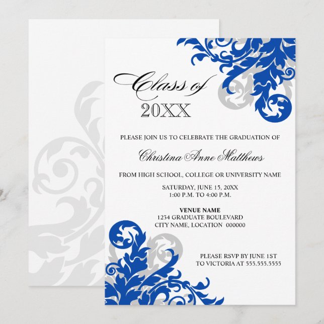 Invitación de graduación de Swirl Royal Blue Silve (Anverso / Reverso)
