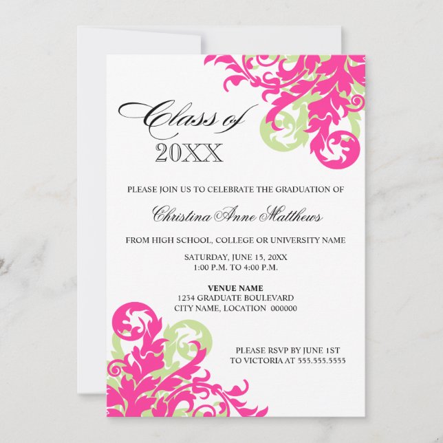 Invitación de graduación de Swirl Verde Rosa (Anverso)