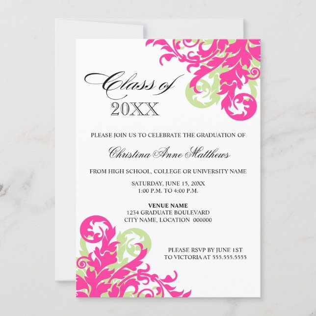 Invitación de graduación de Swirl Verde Rosa (Anverso)