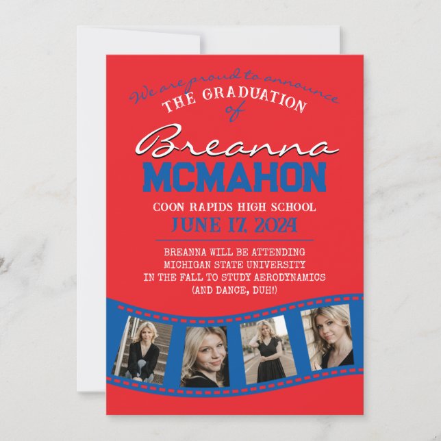 Invitación de graduación de tira de película roja  (Anverso)