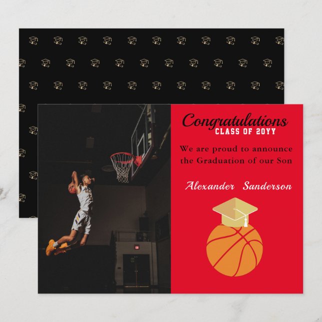Invitación de graduación del baloncesto negro rojo (Anverso / Reverso)