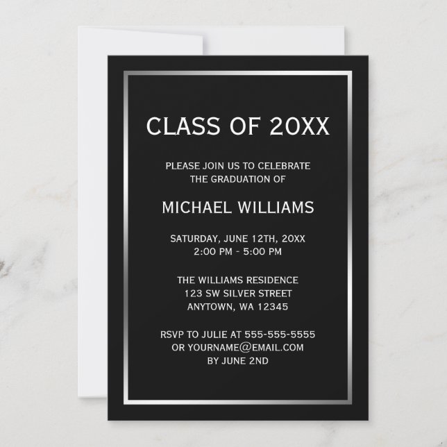 Invitación de graduación del borde negro plateado (Anverso)