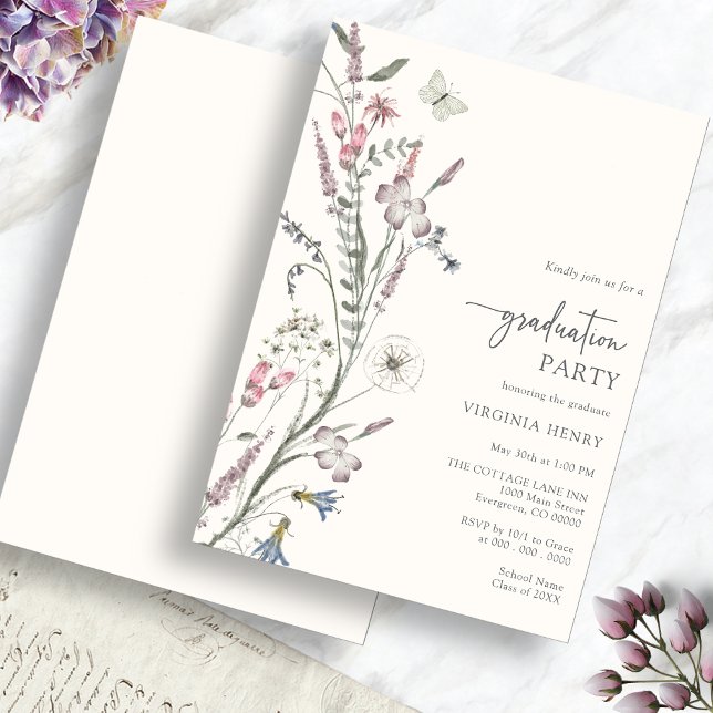 Invitación de graduación elegante (Elegant Watercolor Floral Graduation Party Invitation with Butterfly by Painted Paperie
)