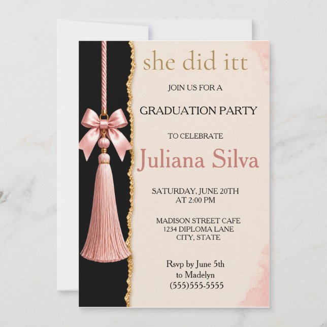 Invitación de Graduación Elegante con Borla Rosa (Anverso)