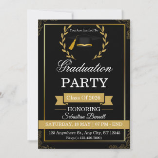 Invitación de Graduación Elegante de Negro y Dorad