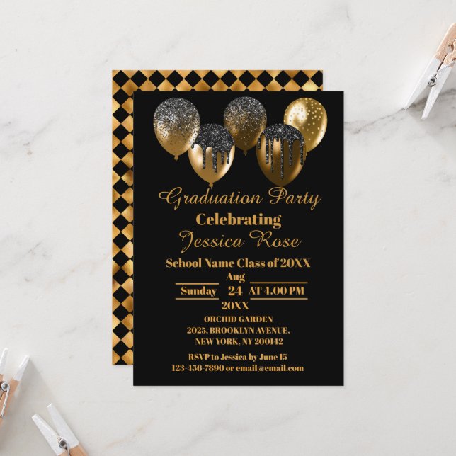 INVITACIÓN DE GRADUACIÓN ELEGANTE EN NEGRO Y ORO (Anverso/Reverso In Situ)