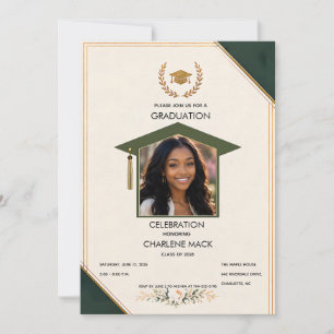 Invitación de graduación elegante verde y dorado