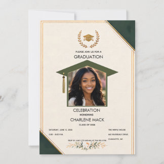Invitación de graduación elegante verde y dorado