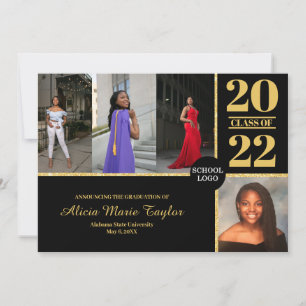 Invitación de graduación en negro y oro con fotos