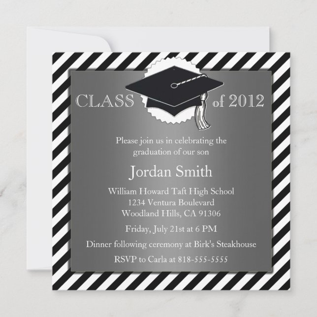 Invitación de graduación en plata y negro (Anverso)