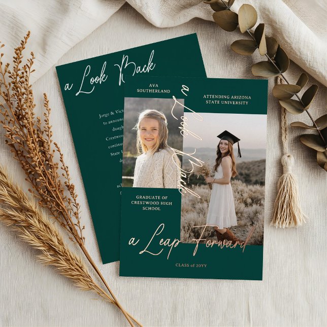 Invitación de graduación entonces y ahora de Colla (Graduation Then & Now Photo Collage Green Announcement)