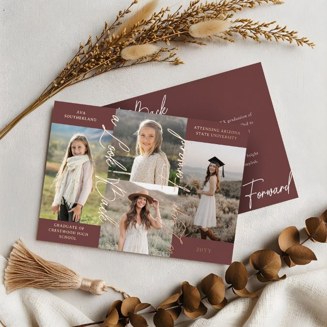 Invitación de graduación entonces y ahora de Colla (Graduation Then & Now Photo Collage Burgundy Announcement)