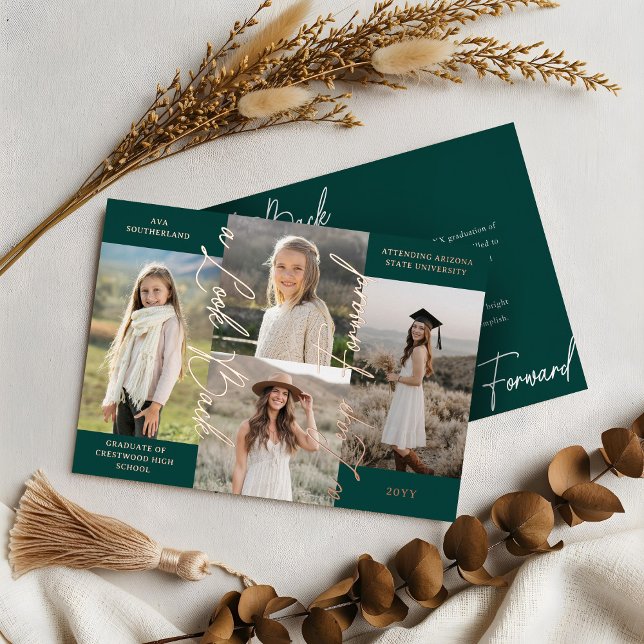 Invitación de graduación entonces y ahora de Colla (Graduation Then & Now Photo Collage Green Announcement)