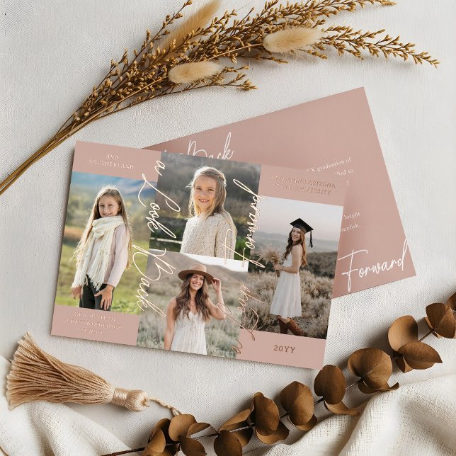 Invitación de graduación entonces y ahora de Colla (Graduation Then & Now Photo Collage Rose Blush Announcement)