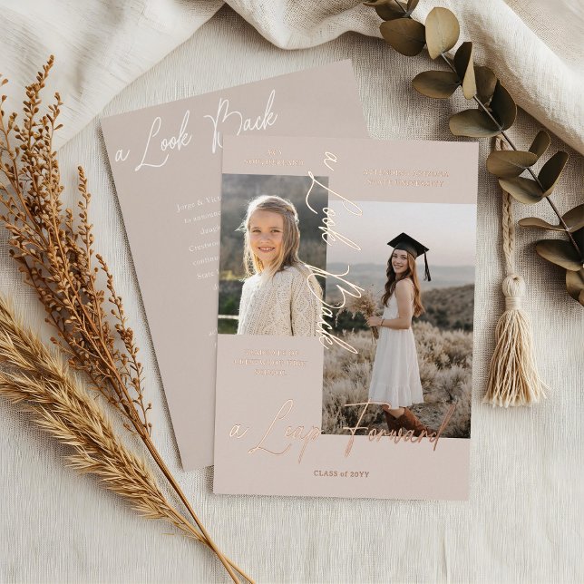 Invitación de graduación entonces y ahora de Colla (Graduation Then & Now Photo Collage Beige Announcement)