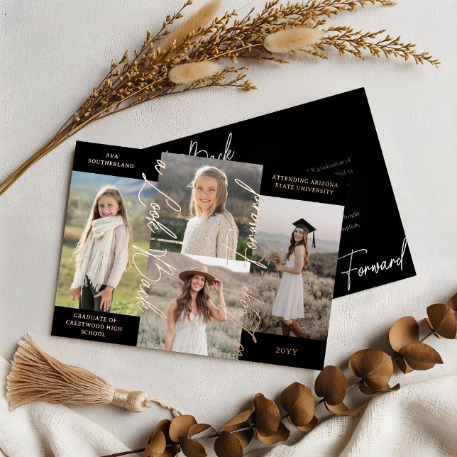 Invitación de graduación entonces y ahora de Colla (Graduation Then & Now Photo Collage Black Announcement)