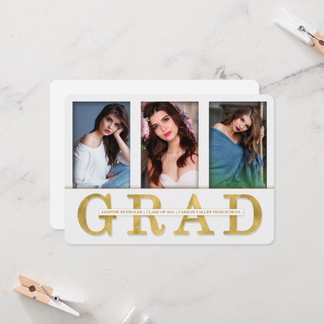 Invitación de graduación Faux Gold Leaf 3 Foto (Anverso/Reverso In Situ)