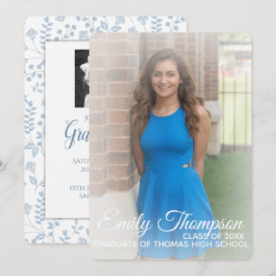 Invitación de Graduación Floral Azul Mate 5" x 7"