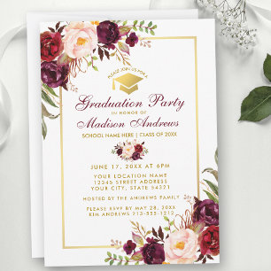 Invitación de Graduación Floral Burgundy Dorado G