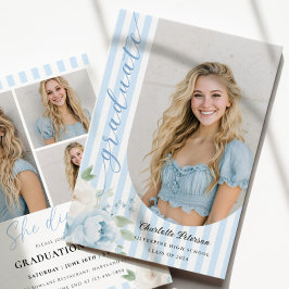 Invitación de graduación floral con rayas azules