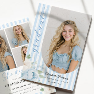 Invitación de graduación floral con rayas azules
