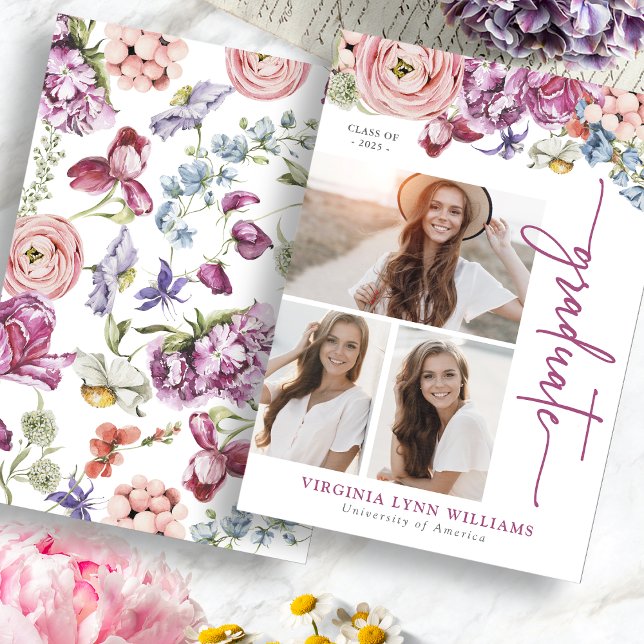Invitación de Graduación Floral de Borgoña (Burgundy Floral Graduation Announcement with Pictures by Painted Paperie
)