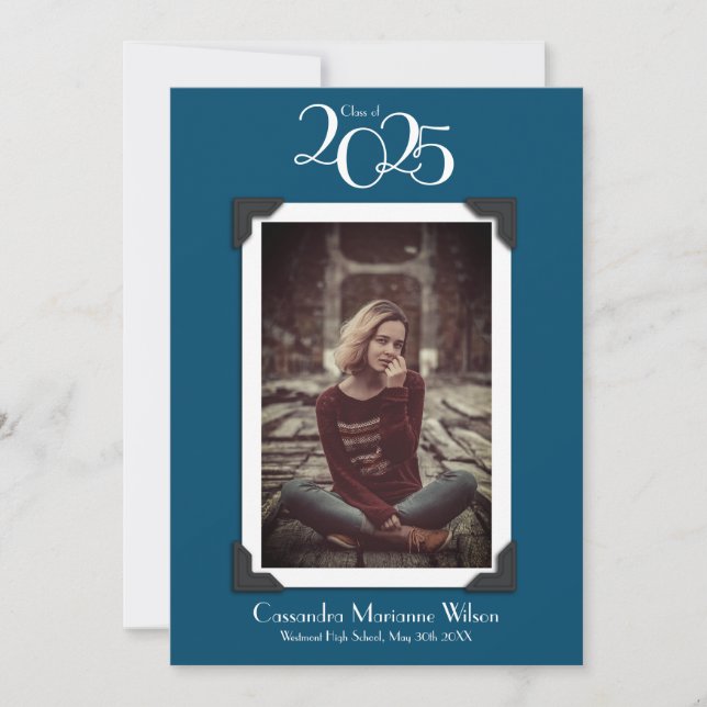 Invitación de graduación fotográfica de época azul (Anverso)