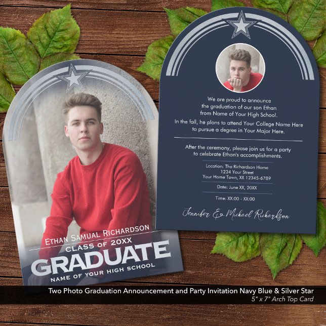 Invitación de graduación fotográfica e invitación  (Two Photo Graduation Announcement & Invite: Dark Navy Blue & Faux Metallic Silver Embossed Details.)
