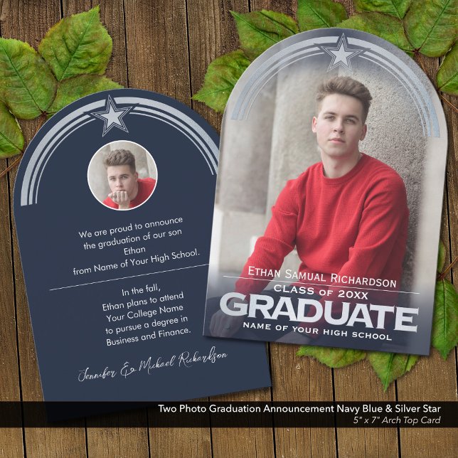 Invitación de graduación fotográfica Estrella azul (Two Photo Graduation Announcement in Dark Navy Blue with Faux Metallic Silver Embossed Details.)