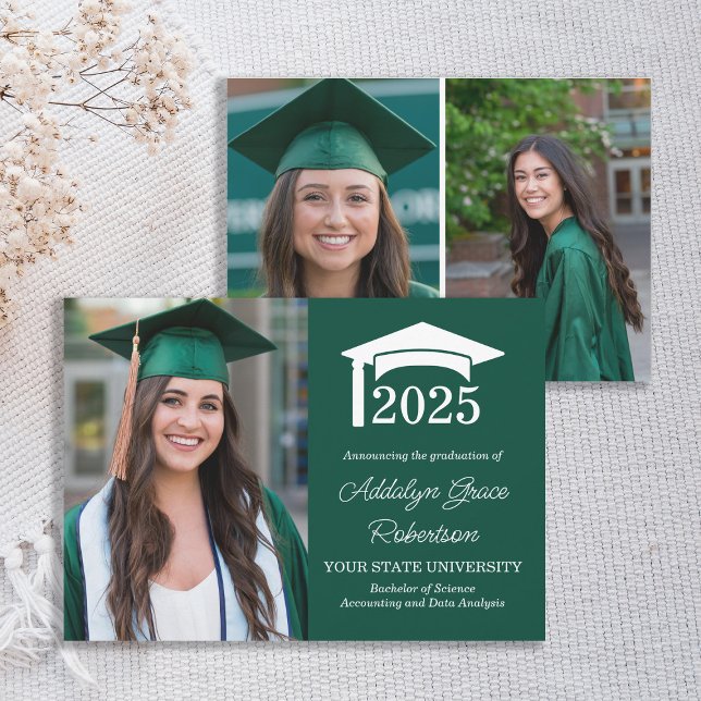 Invitación de graduación fotográfica Green College (Green and white 3-photo college of high school graduation announcement)