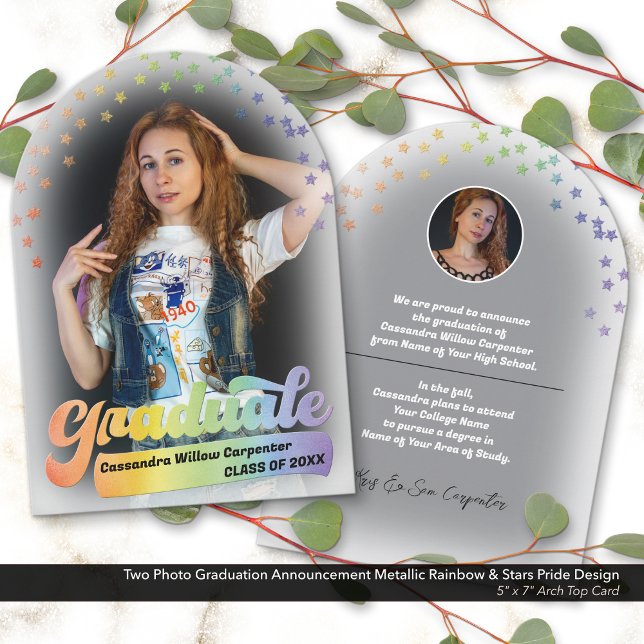 Invitación de graduación fotográfica orgullo arcoi (Two Photo Graduation Announcement with a Retro Pride Design & Embossed Metallic Look Rainbow Details)