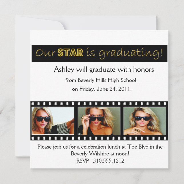 Invitación de graduación Hollywood Star Gold (Anverso)