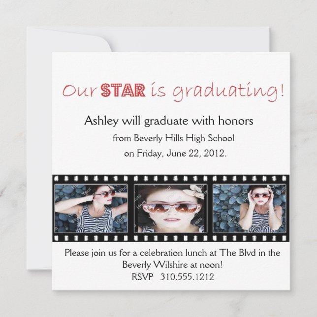 Invitación de graduación Hollywood Star Red (Anverso)