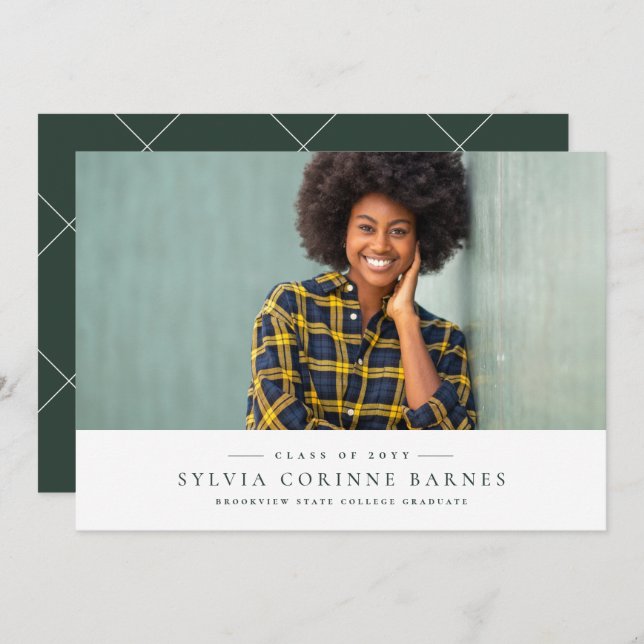 Invitación de graduación horizontal verde clásico (Anverso / Reverso)